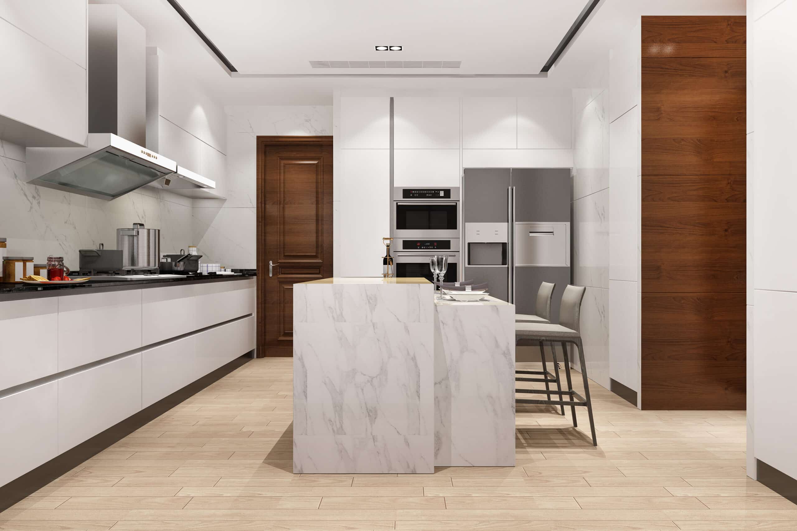 white minimal kitchen with wood decoration